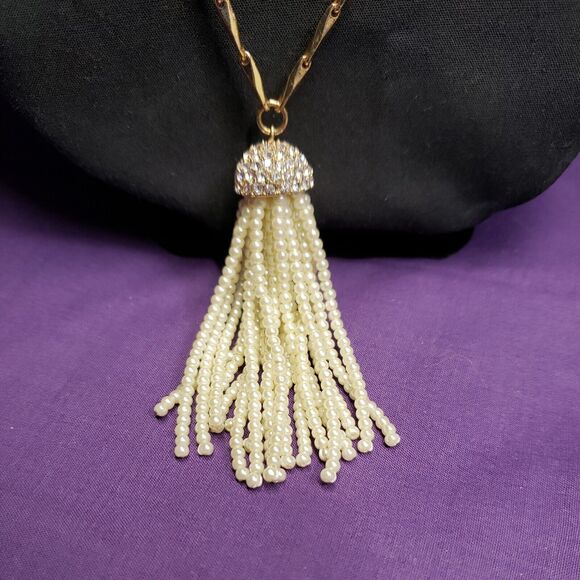 Baublebar Signed Long Gold Tone, Faux Pearl & Rhinestone Accent Tassel Necklace - Picture 3 of 12